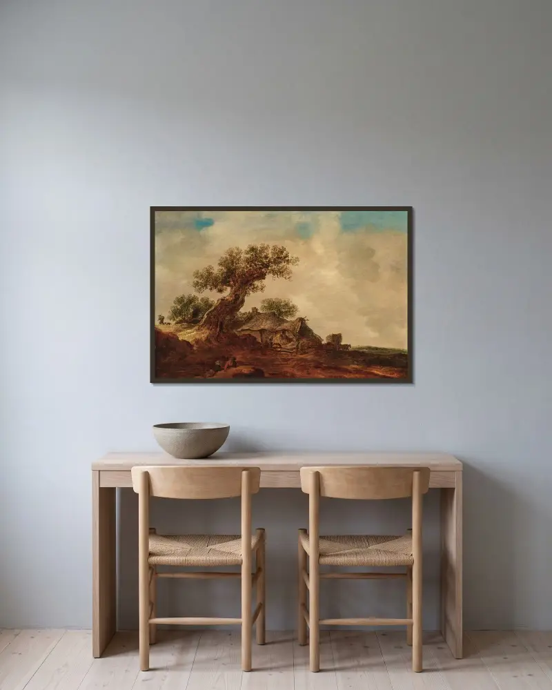 Dynlandskap med halmtäckt stuga intill en ek, äng i bakgrunden av Jan van Goyen inramad på en vägg