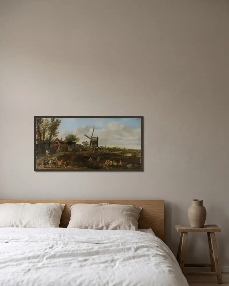 Nederländskt landskap av Jan van Goyen inramad på en vägg