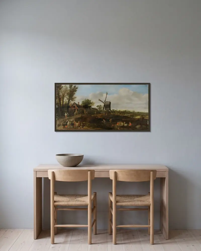 Nederländskt landskap av Jan van Goyen inramad på en vägg