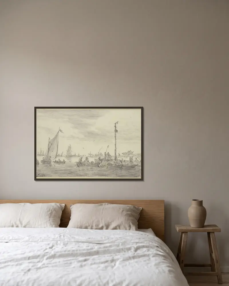 Ein hoher Signalmast halbrechts auf einer Landungsstelle, an der Ruderboote liegen av Jan van Goyen inramad på en vägg