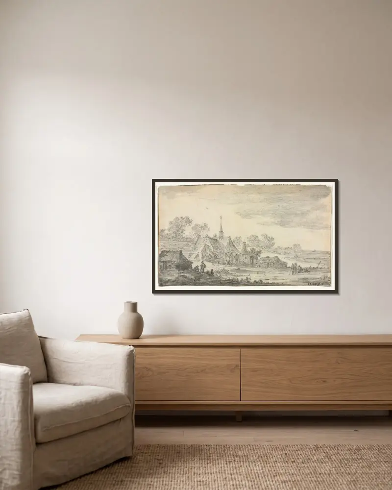 Grupp av byggnader vid en havskust av Jan van Goyen inramad på en vägg