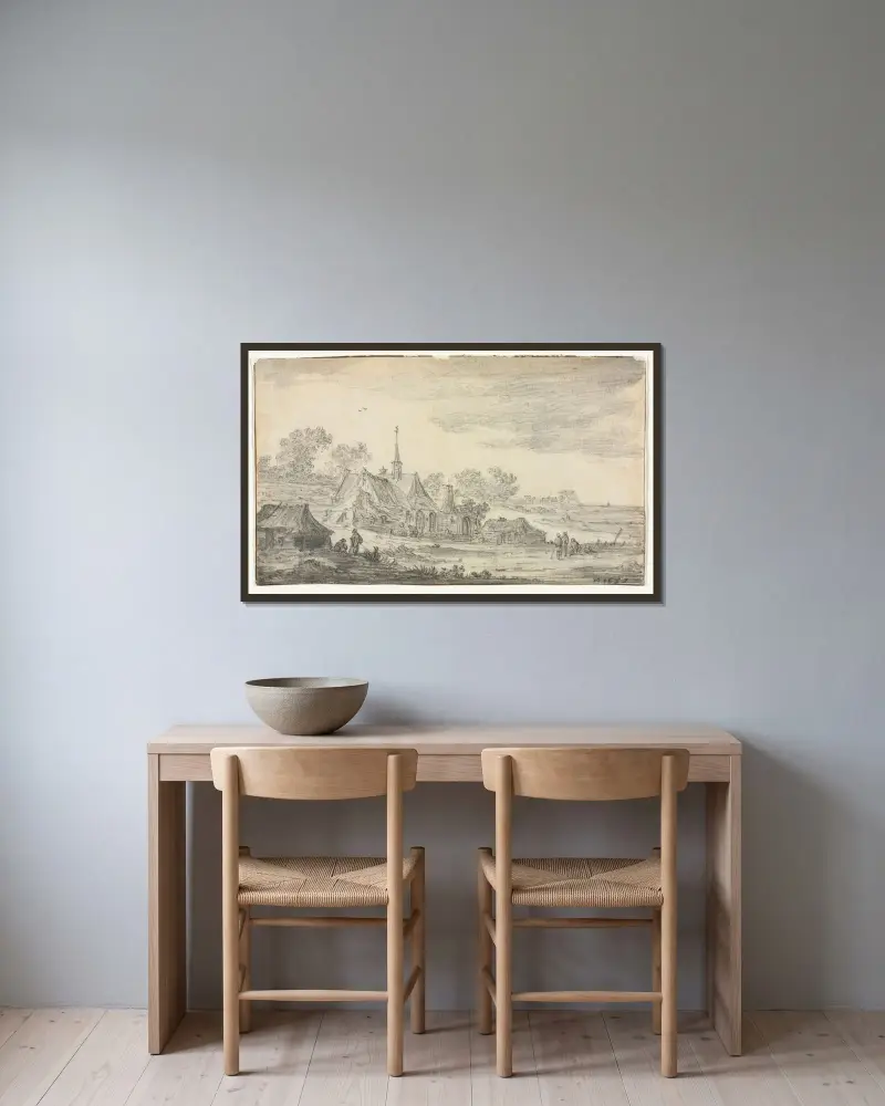 Grupp av byggnader vid en havskust av Jan van Goyen inramad på en vägg