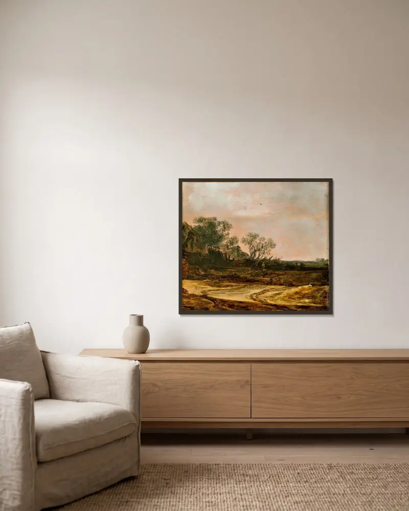 Hus i dynerna av Jan van Goyen inramad på en vägg