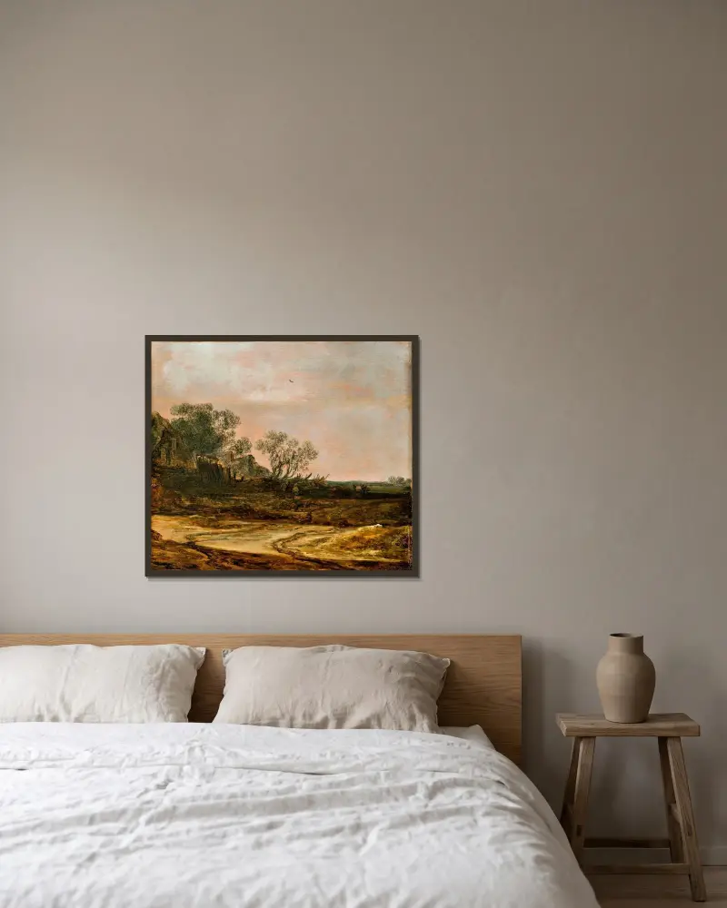 Hus i dynerna av Jan van Goyen inramad på en vägg
