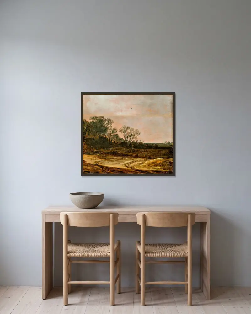 Hus i dynerna av Jan van Goyen inramad på en vägg