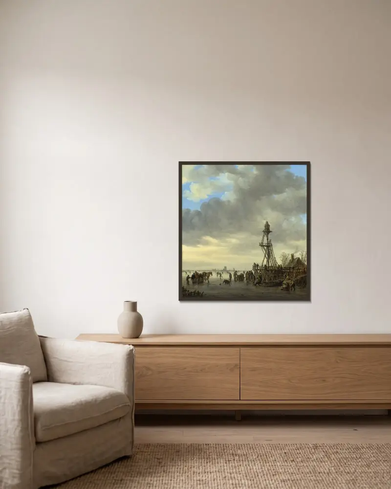 Isscen nära ett trädtorn av Jan van Goyen inramad på en vägg