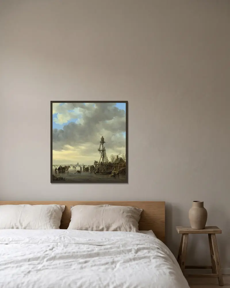 Isscen nära ett trädtorn av Jan van Goyen inramad på en vägg