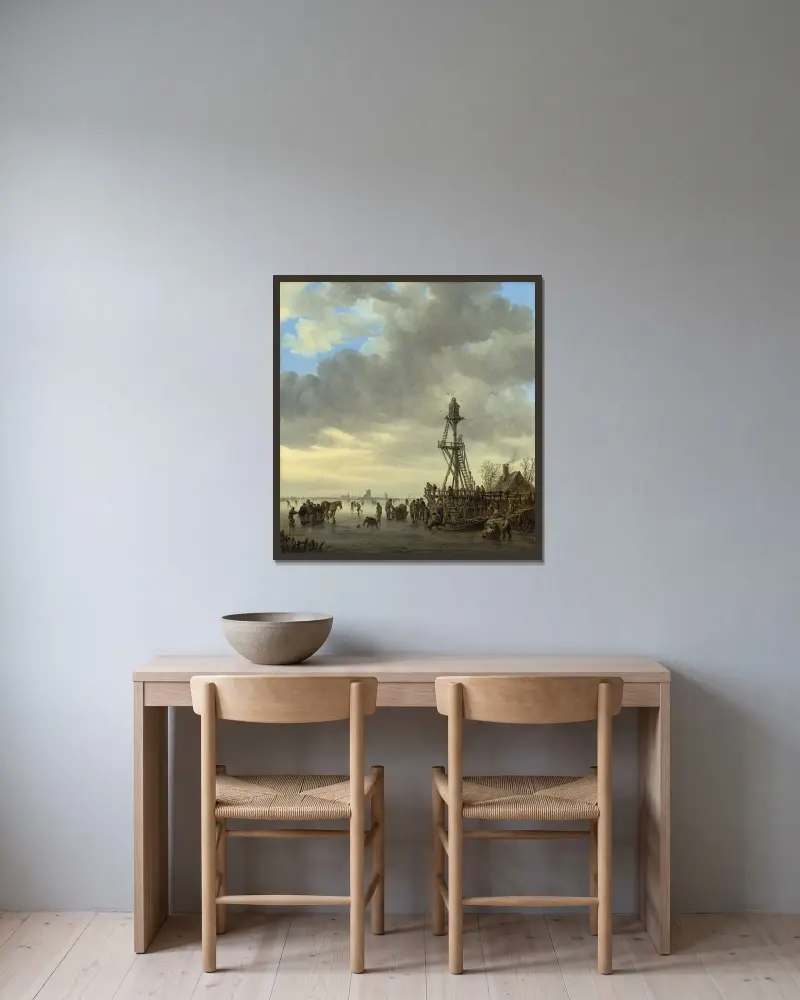 Isscen nära ett trädtorn av Jan van Goyen inramad på en vägg