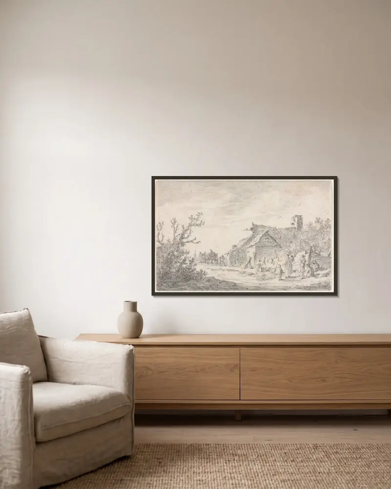 Landskap med stuga och figurer av Jan van Goyen inramad på en vägg