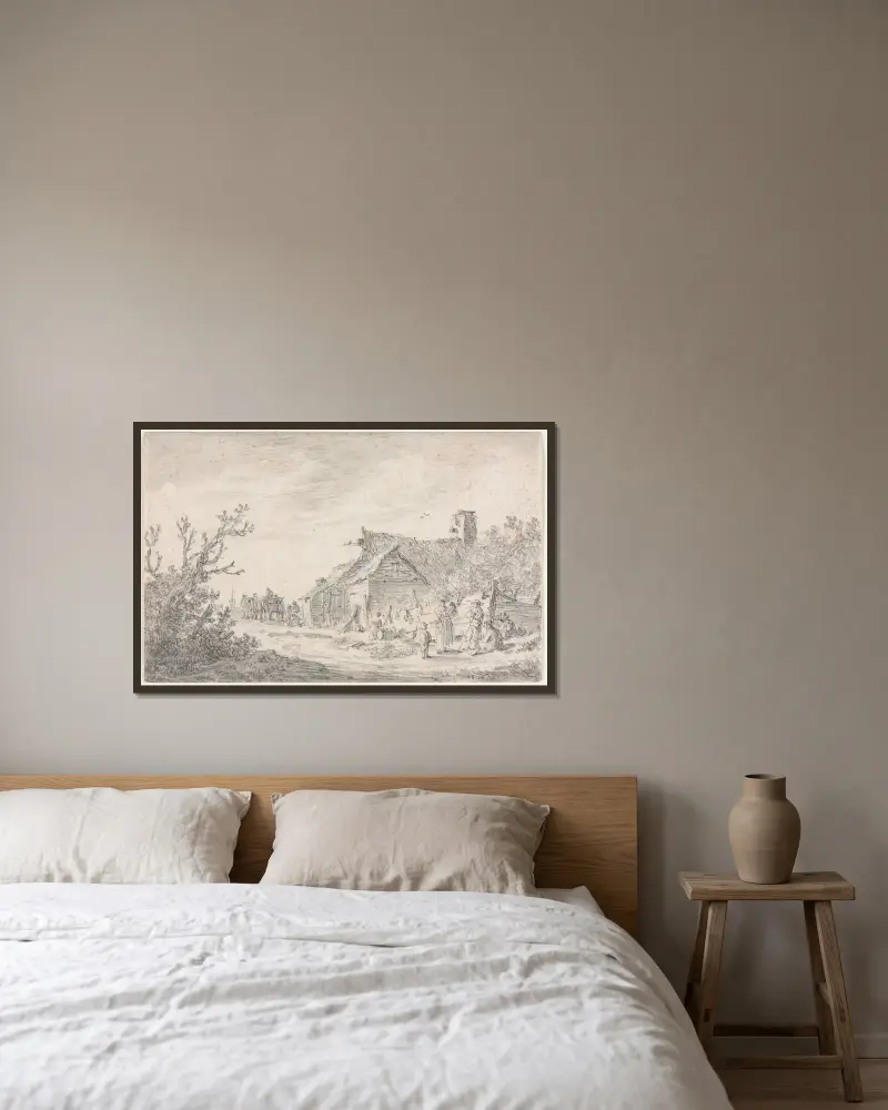 Landskap med stuga och figurer av Jan van Goyen inramad på en vägg