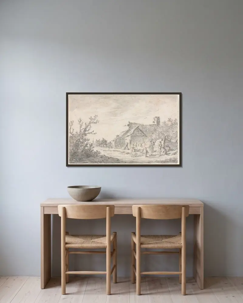 Landskap med stuga och figurer av Jan van Goyen inramad på en vägg