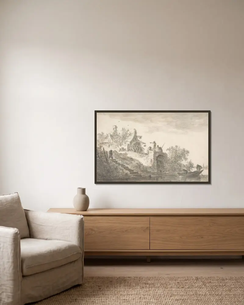 Landskap med figurer av Jan van Goyen inramad på en vägg
