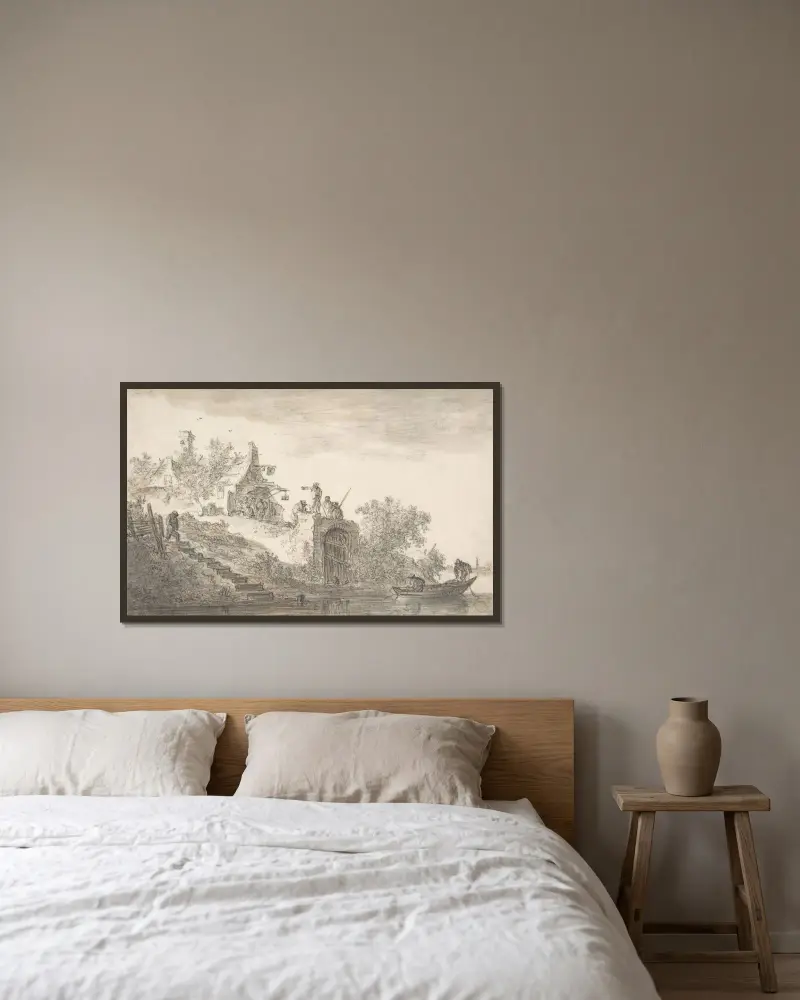 Landskap med figurer av Jan van Goyen inramad på en vägg