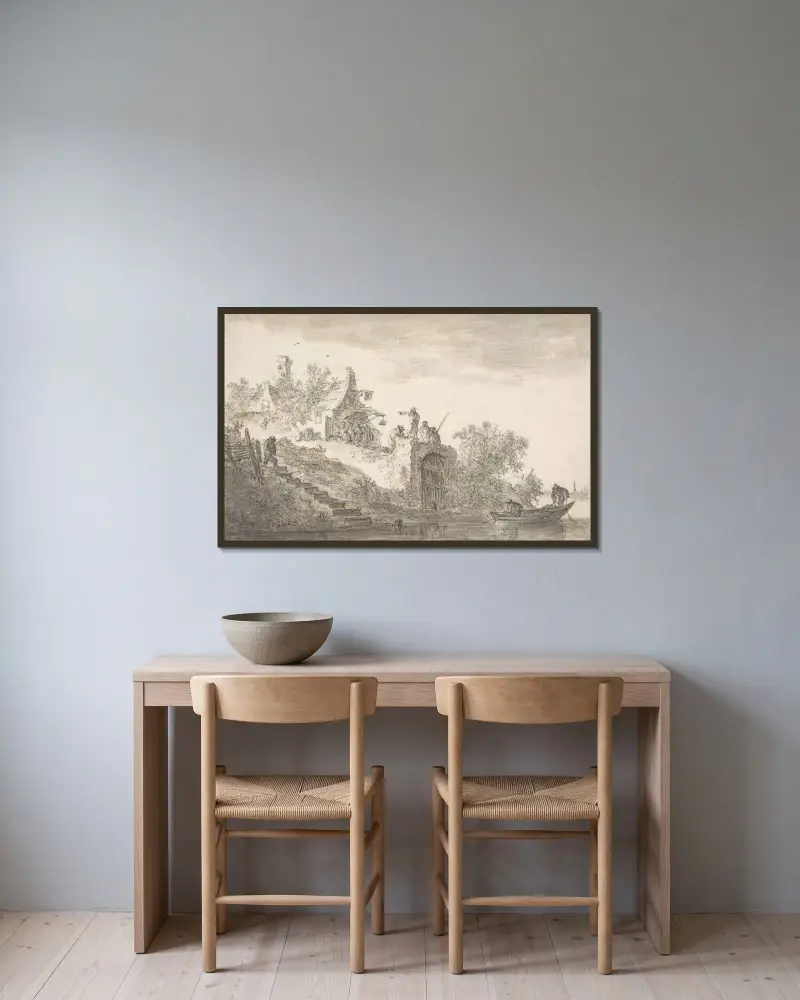 Landskap med figurer av Jan van Goyen inramad på en vägg