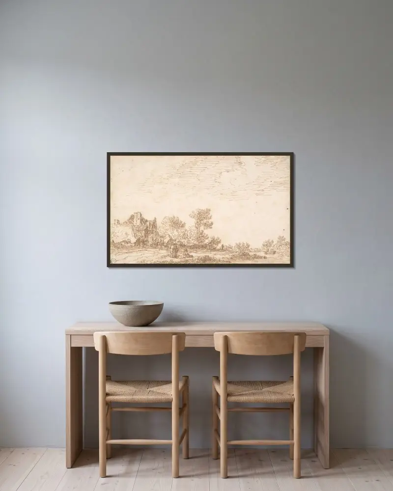 Landskap med flod och tre figurer av Jan van Goyen inramad på en vägg