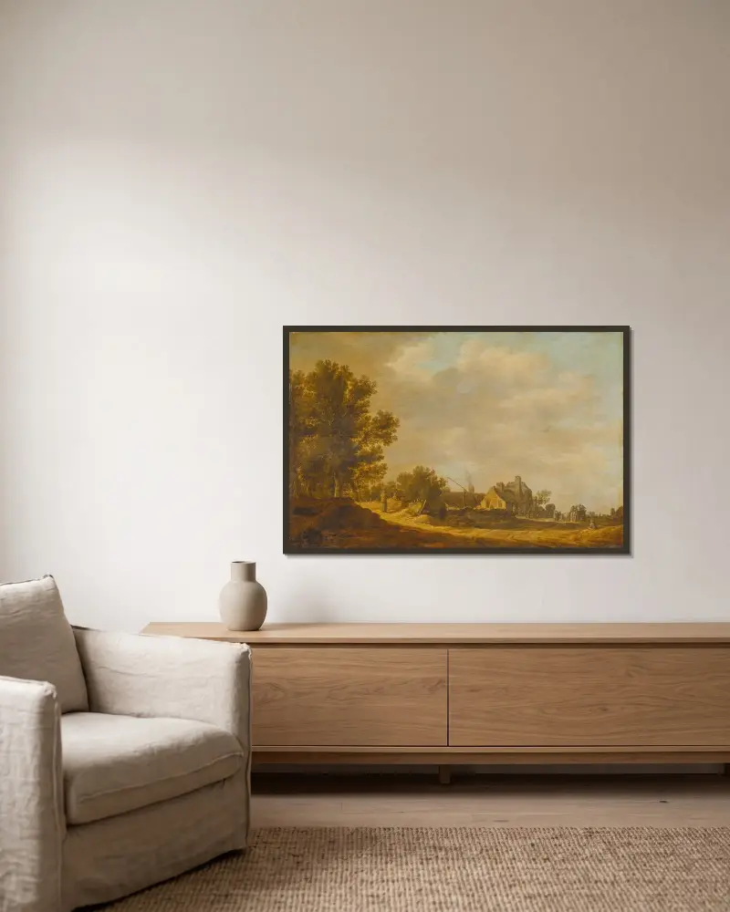 Landskap med krog av Jan van Goyen inramad på en vägg