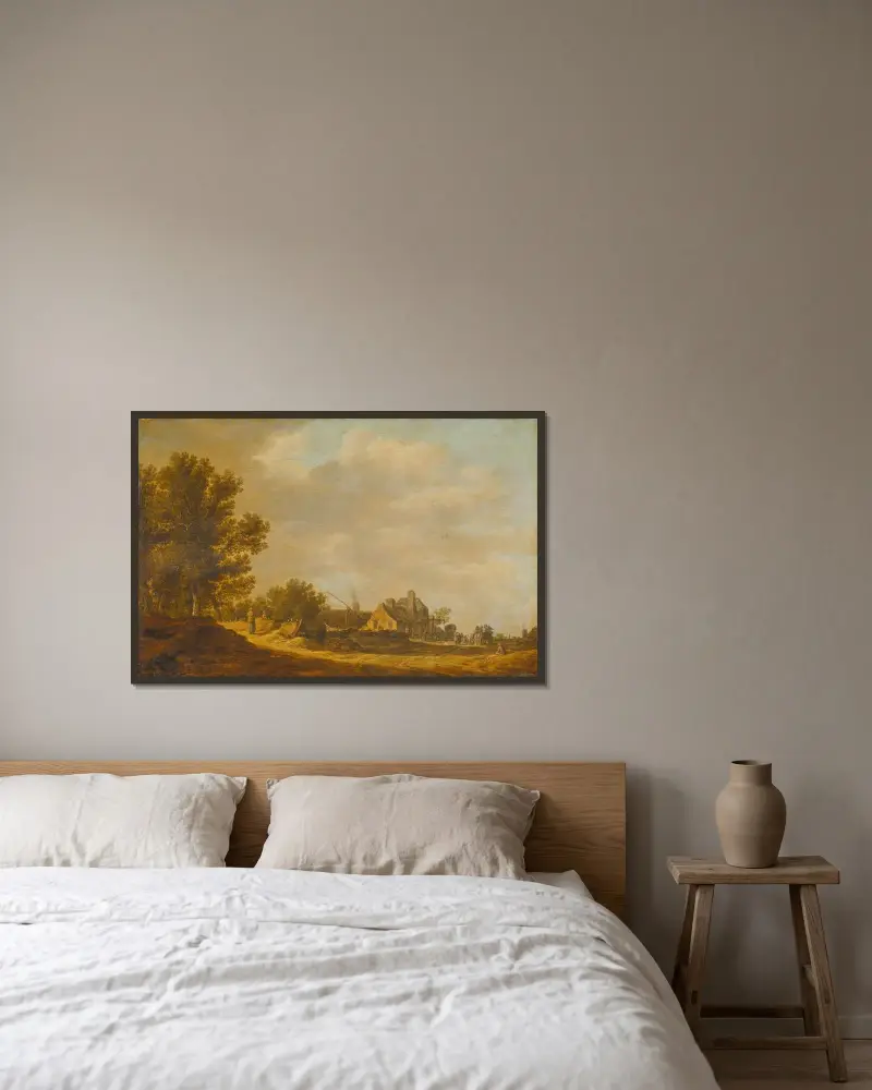 Landskap med krog av Jan van Goyen inramad på en vägg