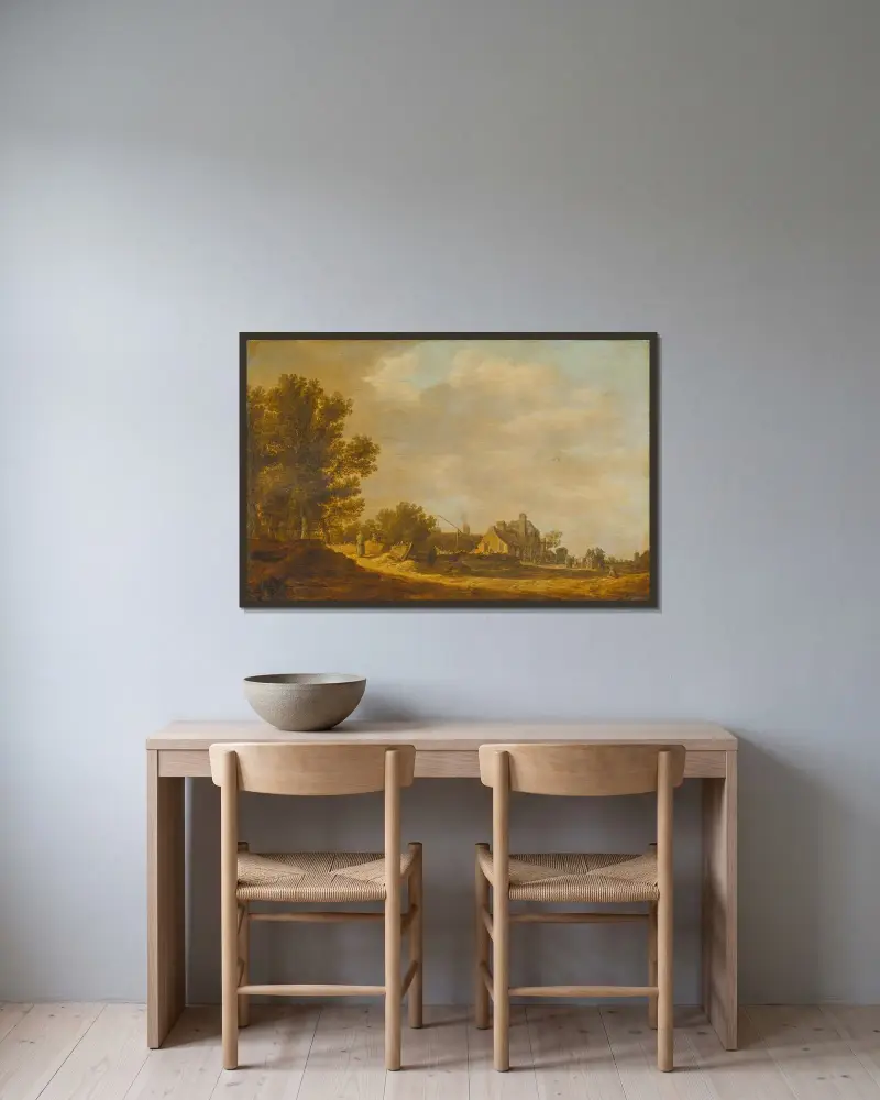 Landskap med krog av Jan van Goyen inramad på en vägg