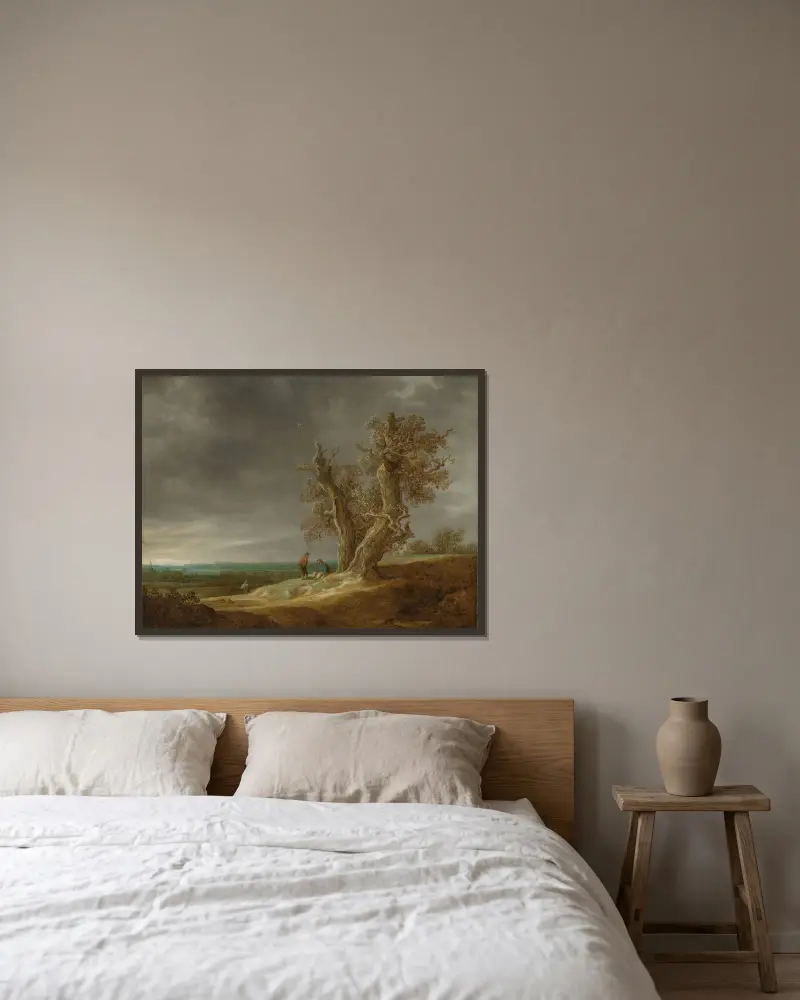 Landschaft mit zwei Eichen von Jan van Goyen gerahmt an einer Wand