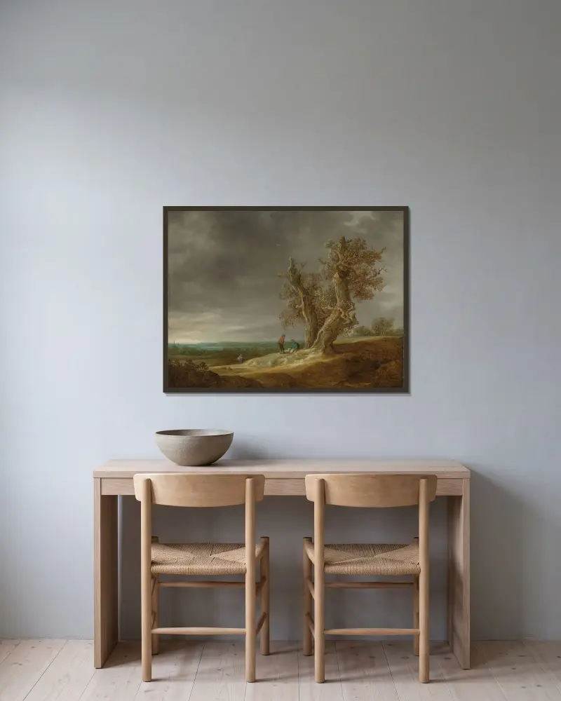 Landschaft mit zwei Eichen von Jan van Goyen gerahmt an einer Wand