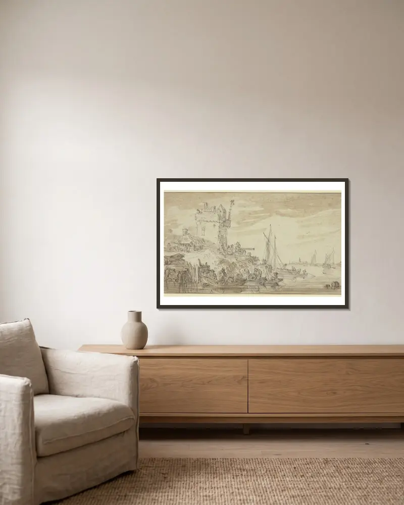 Links an einem Fluss ein befestigter Turm, dabei eine Kanone auf welcher ein Mann sitzt av Jan van Goyen inramad på en vägg