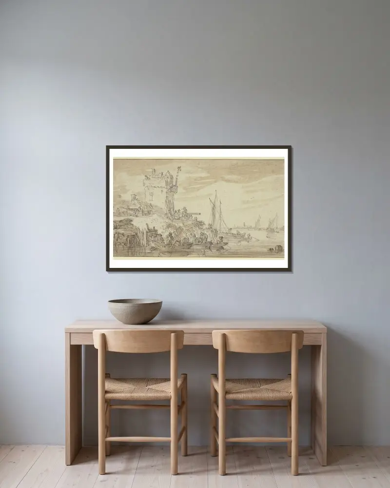 Links an einem Fluss ein befestigter Turm, dabei eine Kanone auf welcher ein Mann sitzt av Jan van Goyen inramad på en vägg
