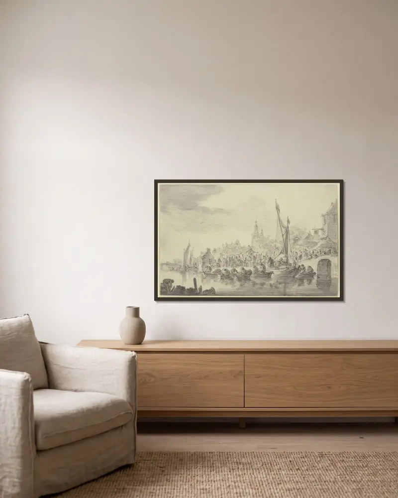 Marknad vid flodstranden av Jan van Goyen inramad på en vägg
