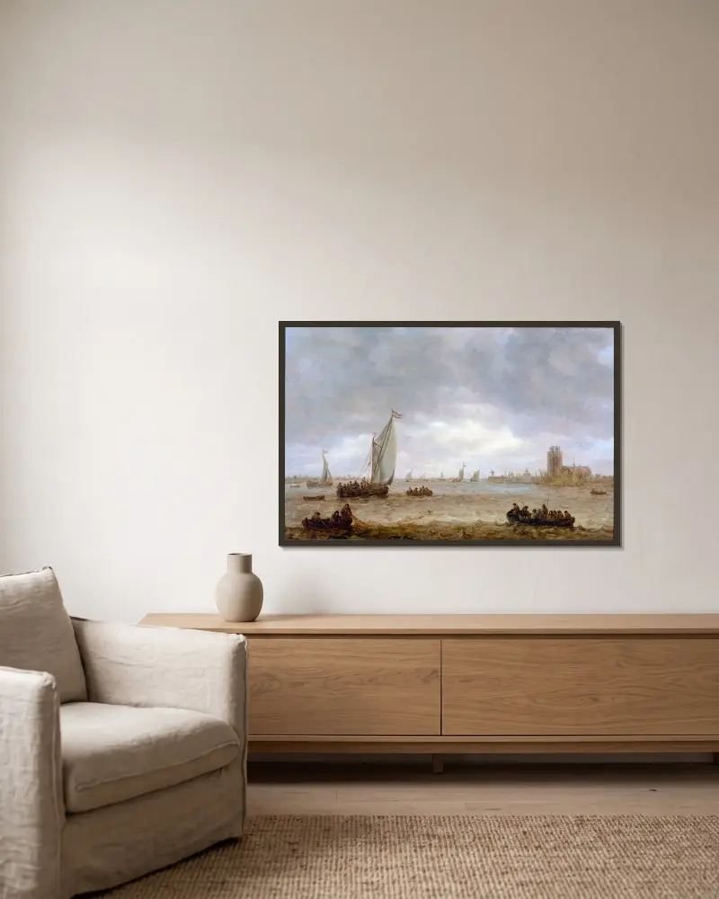 Maas mynning (Dordrecht) av Jan van Goyen inramad på en vägg