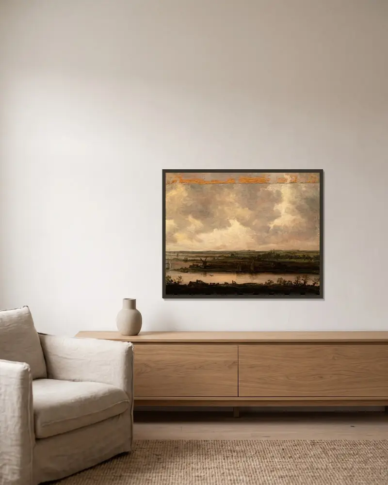 Panoramablick über die Spaarne und das Haarlemmermeer von Jan van Goyen gerahmt an einer Wand