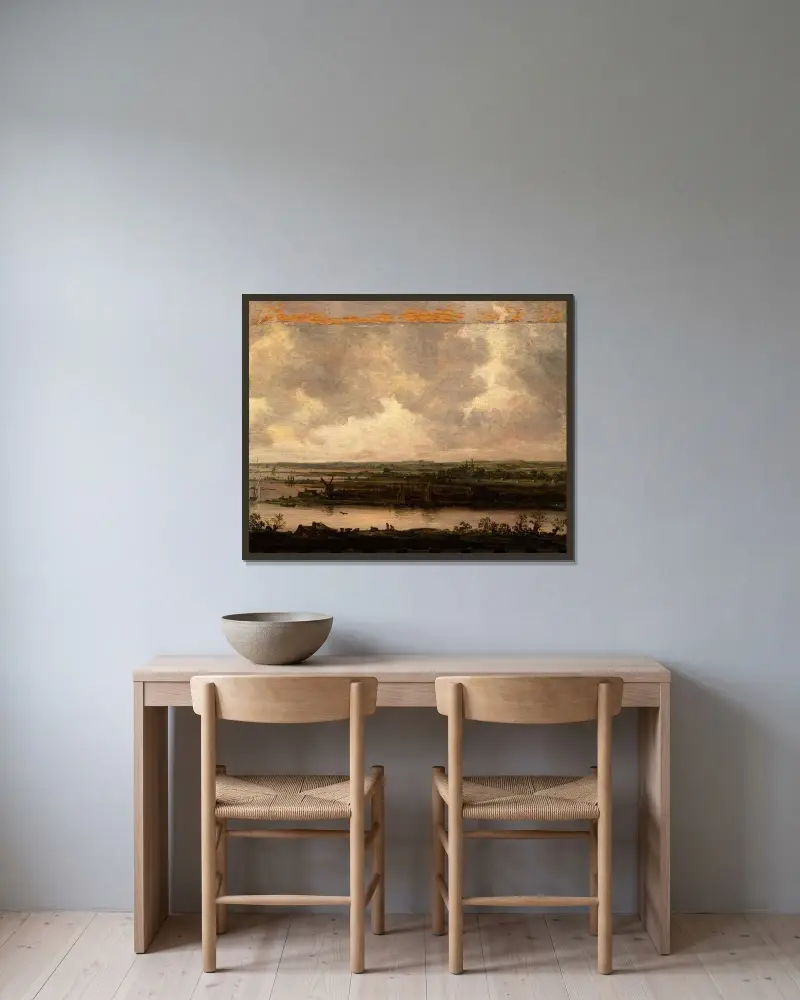 Panoramablick über die Spaarne und das Haarlemmermeer von Jan van Goyen gerahmt an einer Wand
