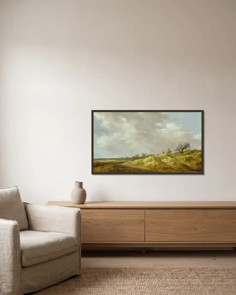 Väg genom dynerna av Jan van Goyen inramad på en vägg