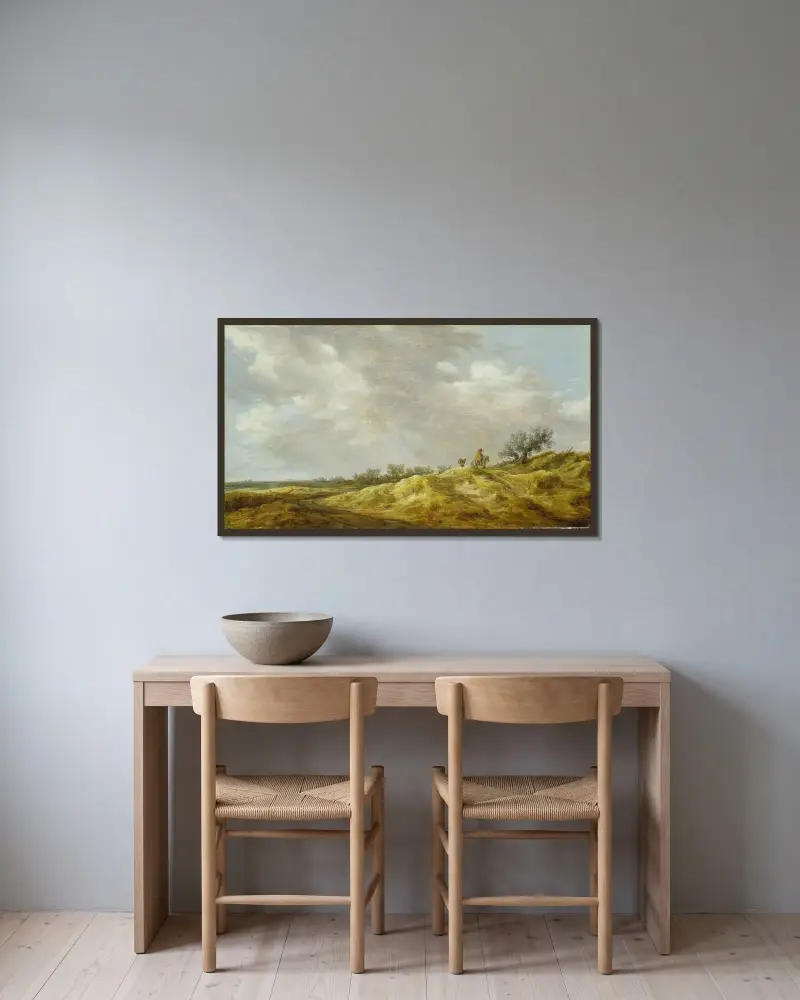 Väg genom dynerna av Jan van Goyen inramad på en vägg
