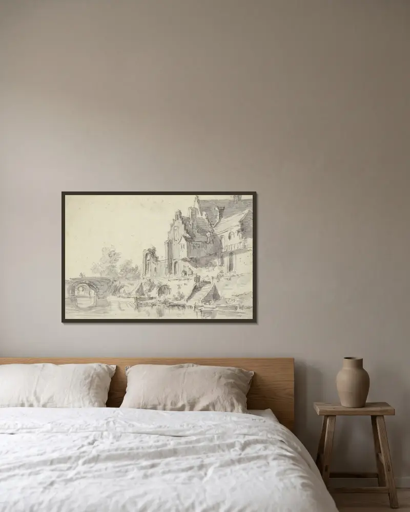 Hus vid vattnet till höger med trappa, över vattnet två stenbroar av Jan van Goyen inramad på en vägg