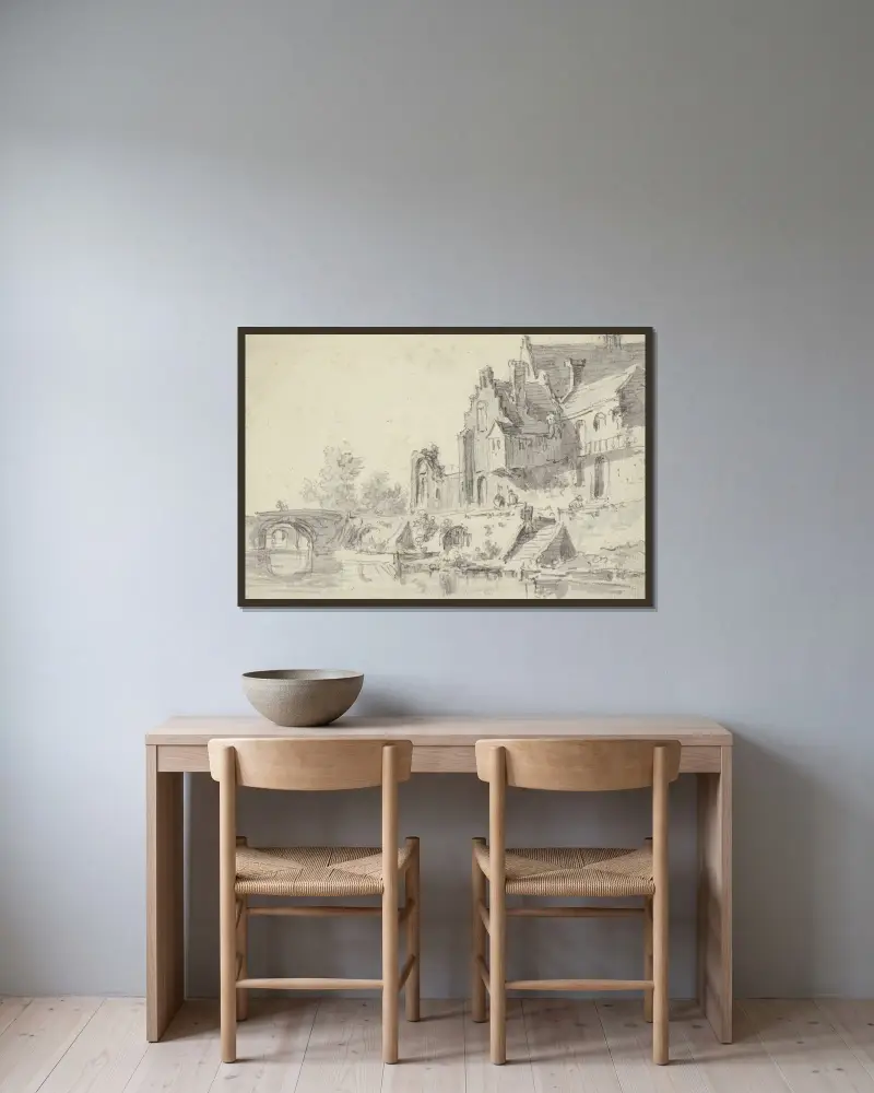 Hus vid vattnet till höger med trappa, över vattnet två stenbroar av Jan van Goyen inramad på en vägg