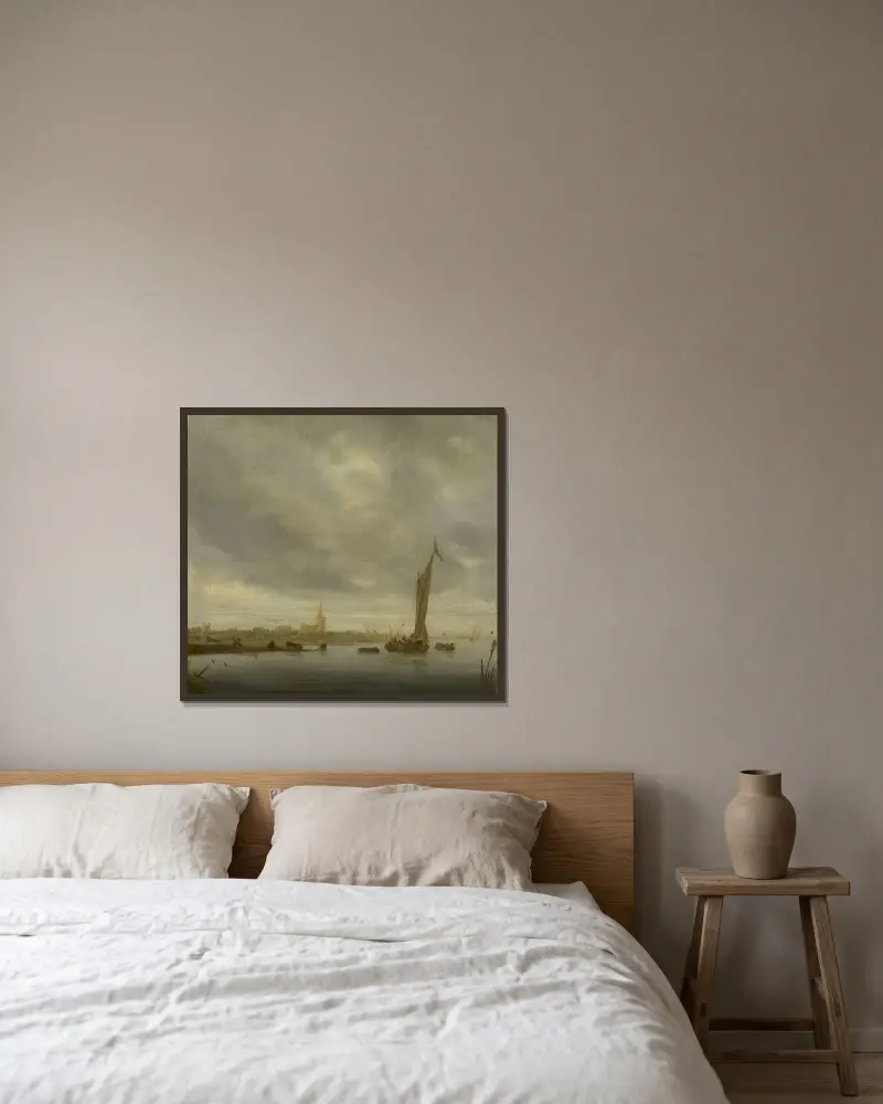 Flodlandskap av Jan van Goyen inramad på en vägg