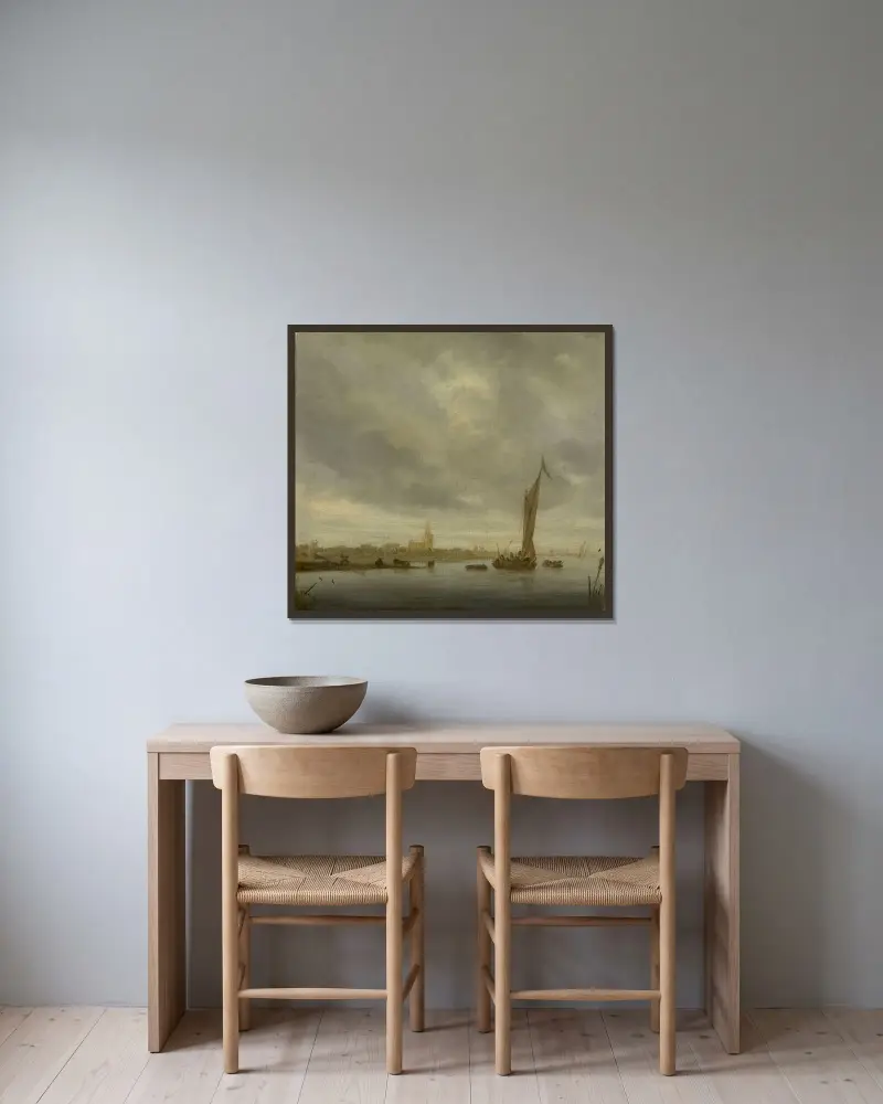 Flodlandskap av Jan van Goyen inramad på en vägg