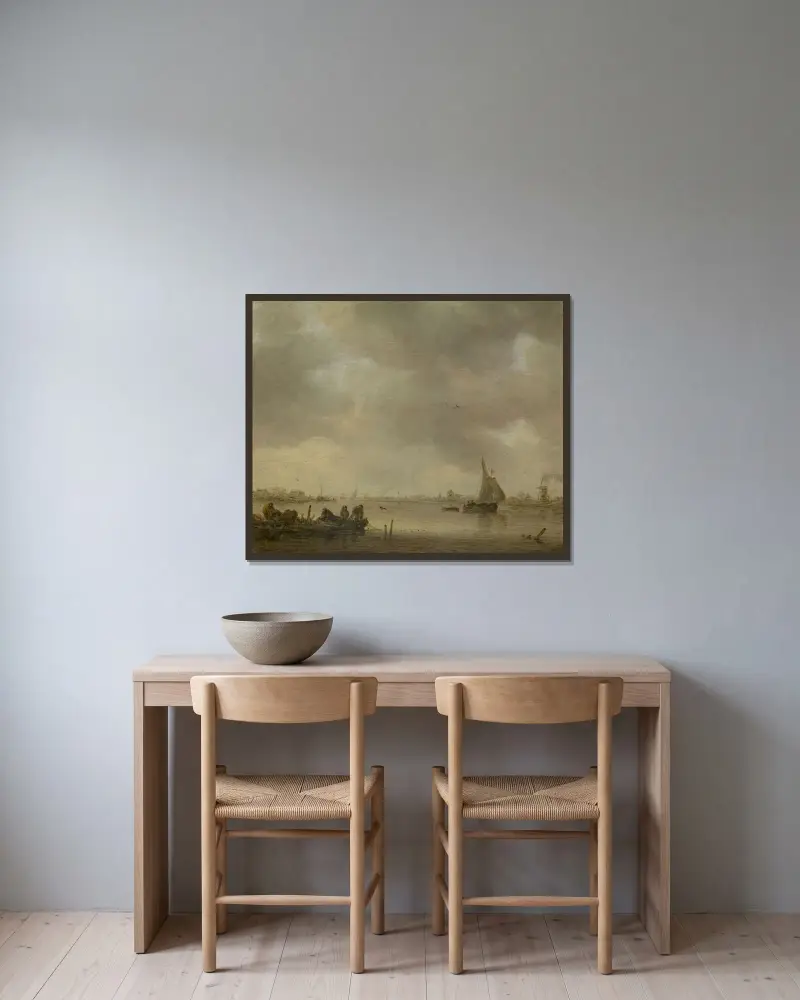 Flodlandskap av Jan van Goyen inramad på en vägg