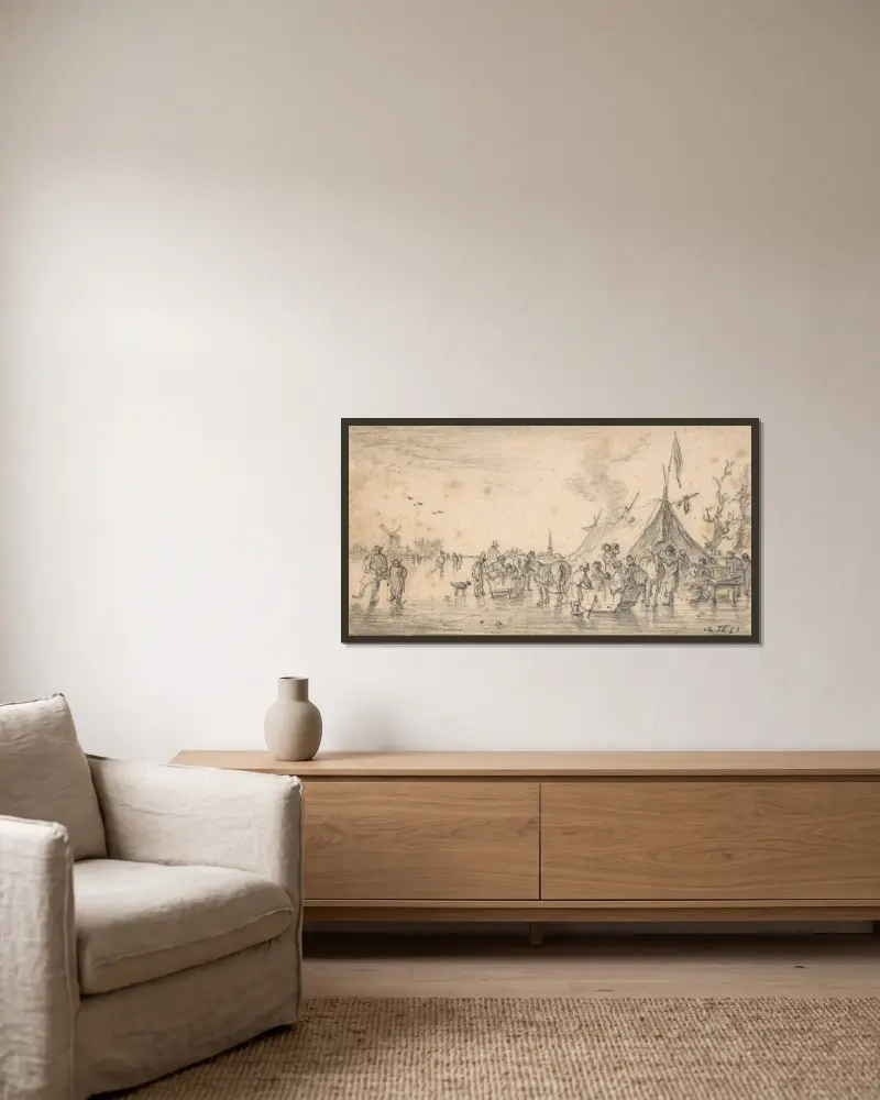 Flodlandskap på vintern med skridskolöpare och slädar av Jan van Goyen inramad på en vägg