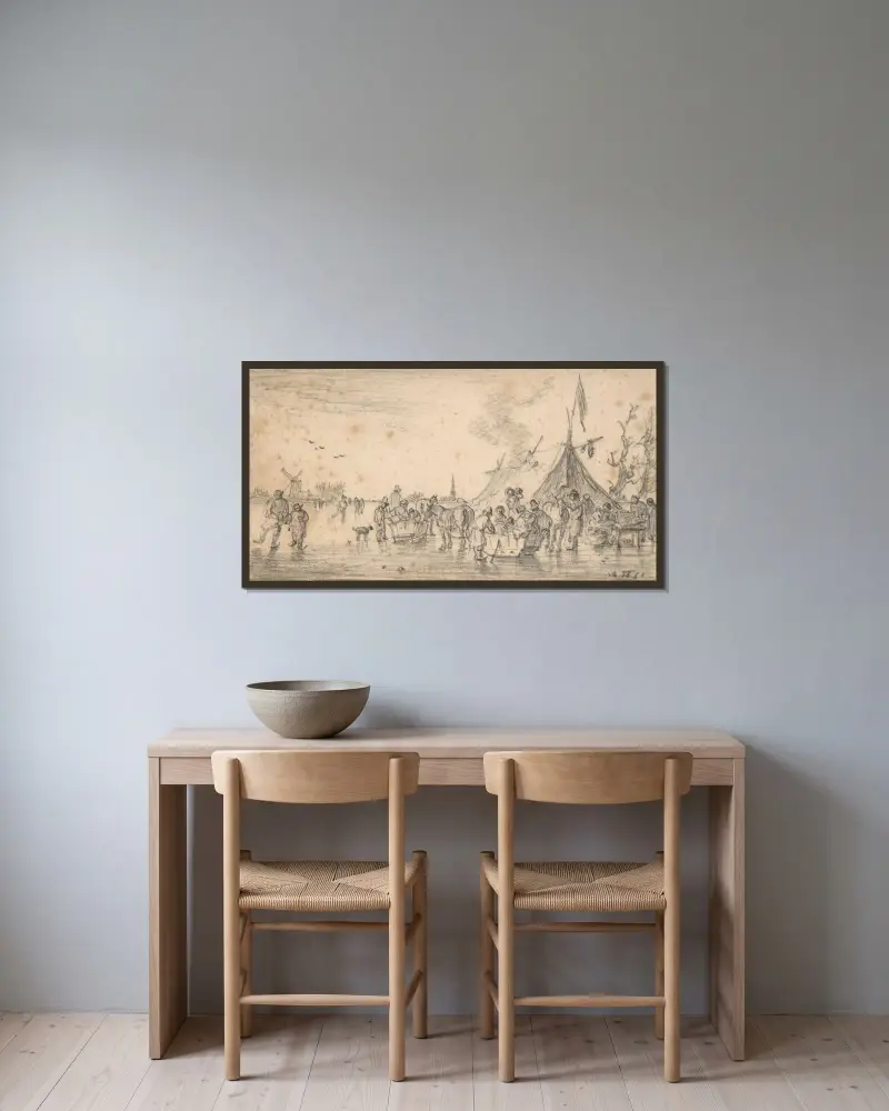 Flodlandskap på vintern med skridskolöpare och slädar av Jan van Goyen inramad på en vägg