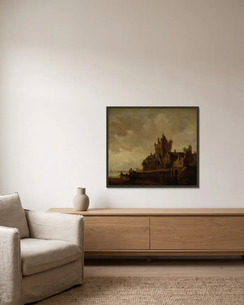 Flodlandskap med slott av Jan van Goyen inramad på en vägg