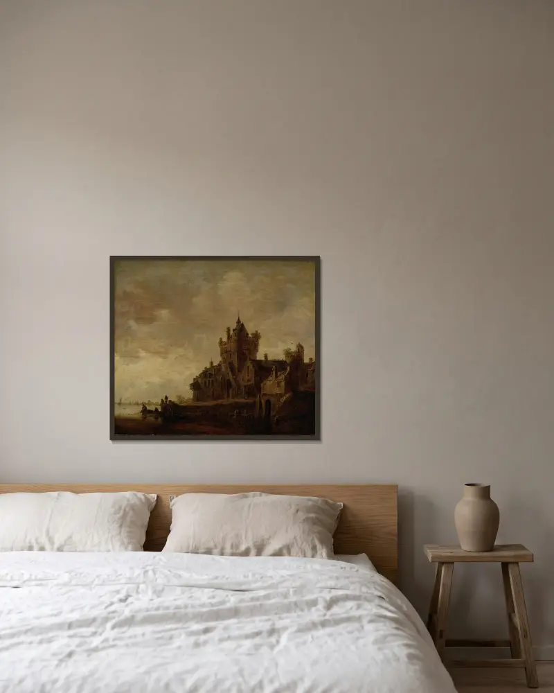 Flodlandskap med slott av Jan van Goyen inramad på en vägg