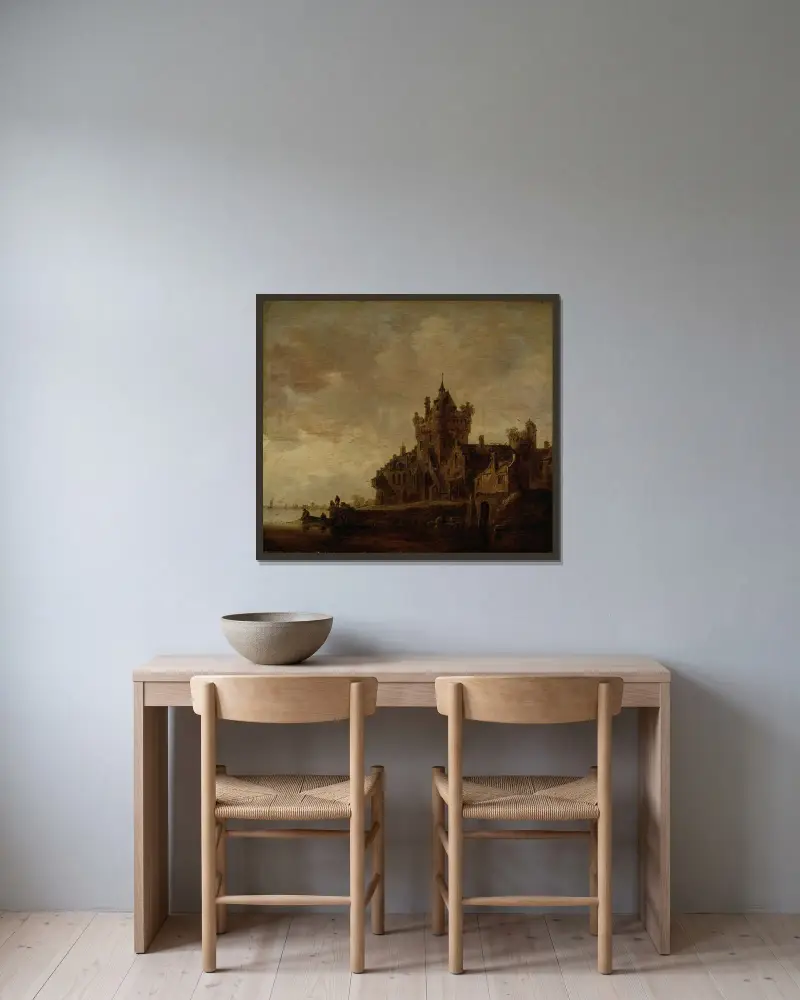 Flodlandskap med slott av Jan van Goyen inramad på en vägg