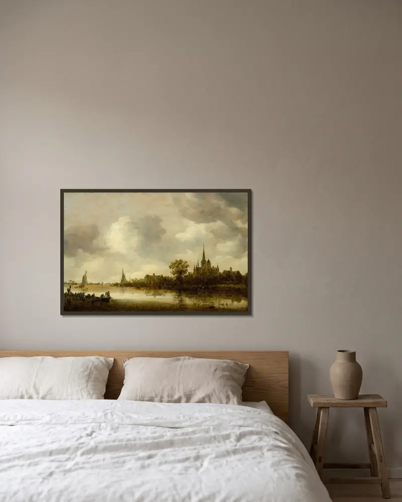 Flodlandskap med kyrka i fjärran av Jan van Goyen inramad på en vägg