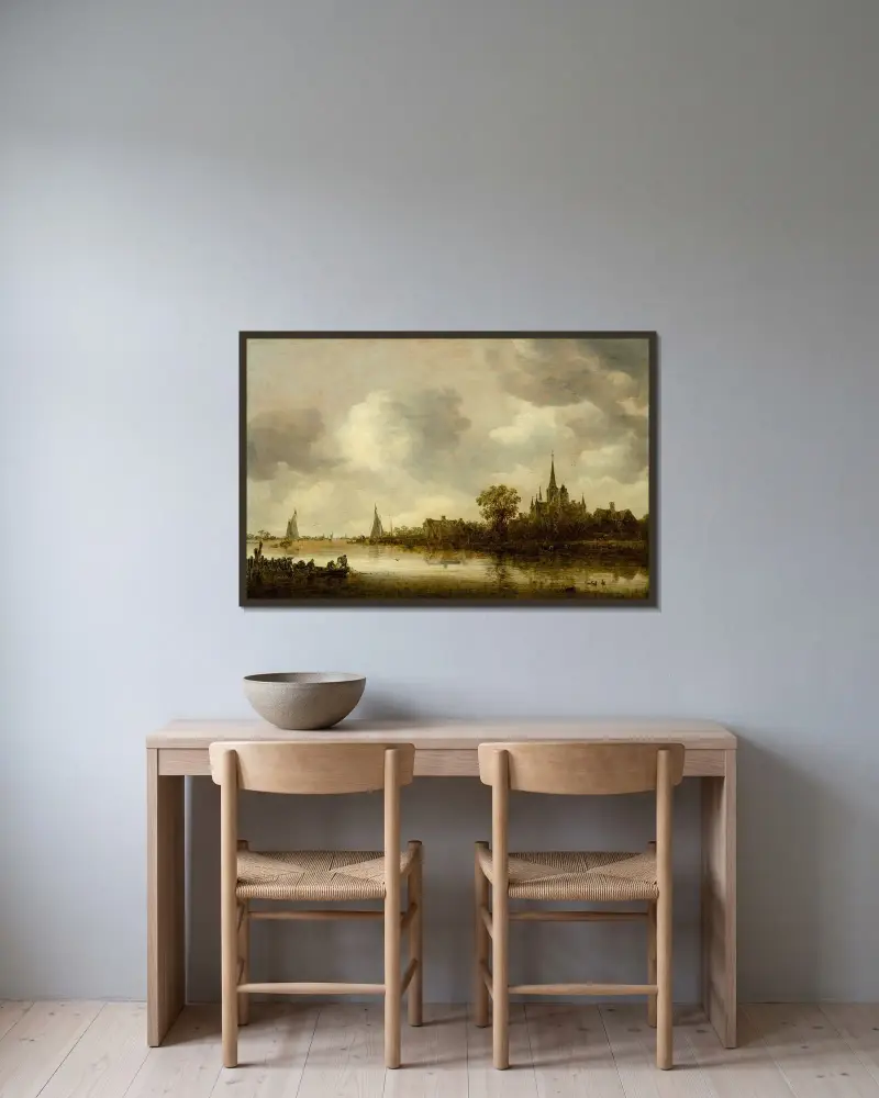 Flodlandskap med kyrka i fjärran av Jan van Goyen inramad på en vägg