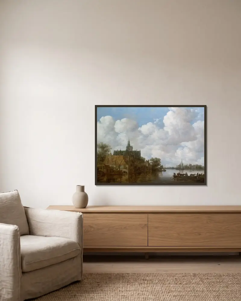Flodlandskap med färja och kyrka av Jan van Goyen inramad på en vägg