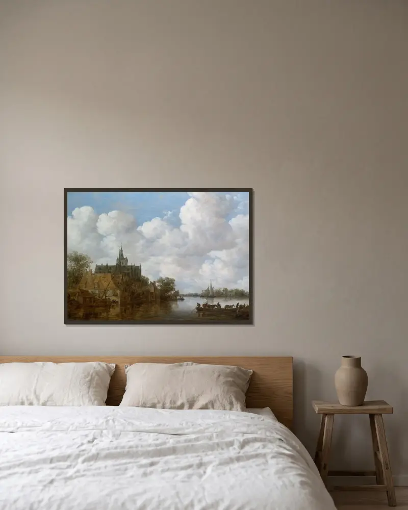 Flodlandskap med färja och kyrka av Jan van Goyen inramad på en vägg