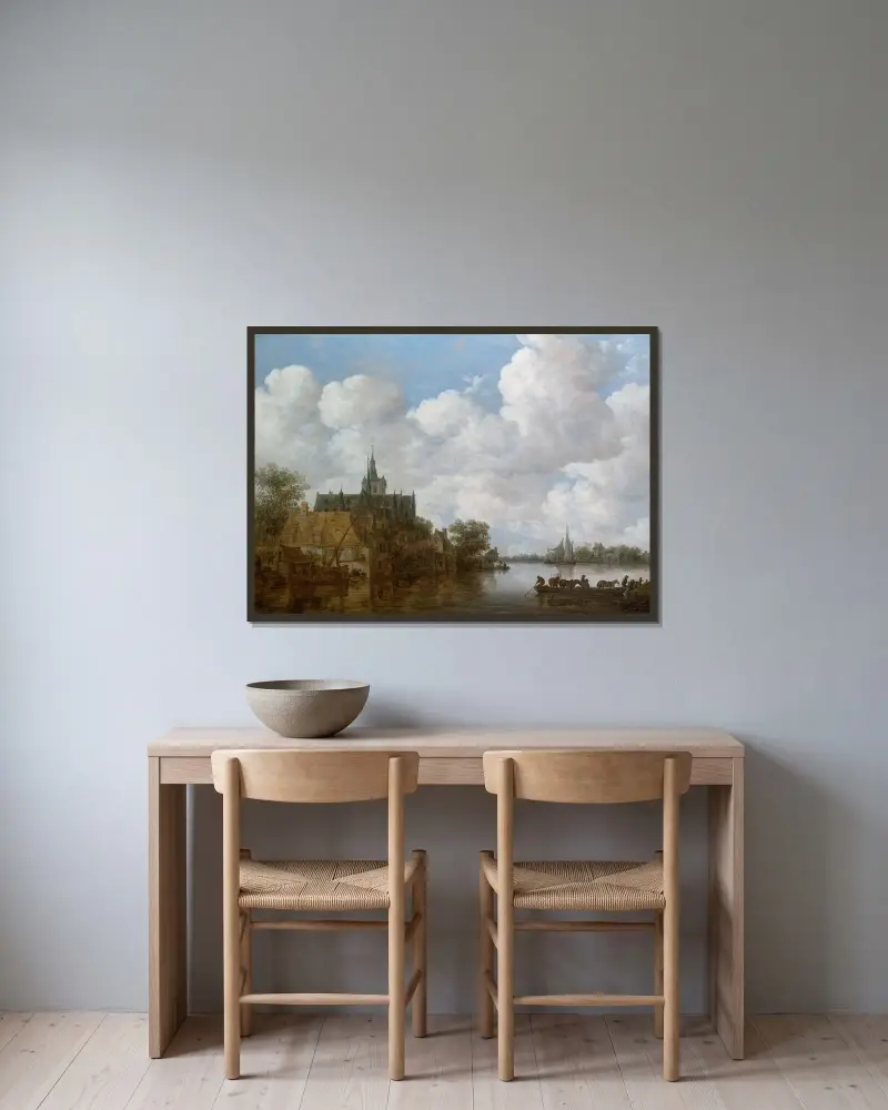 Flodlandskap med färja och kyrka av Jan van Goyen inramad på en vägg