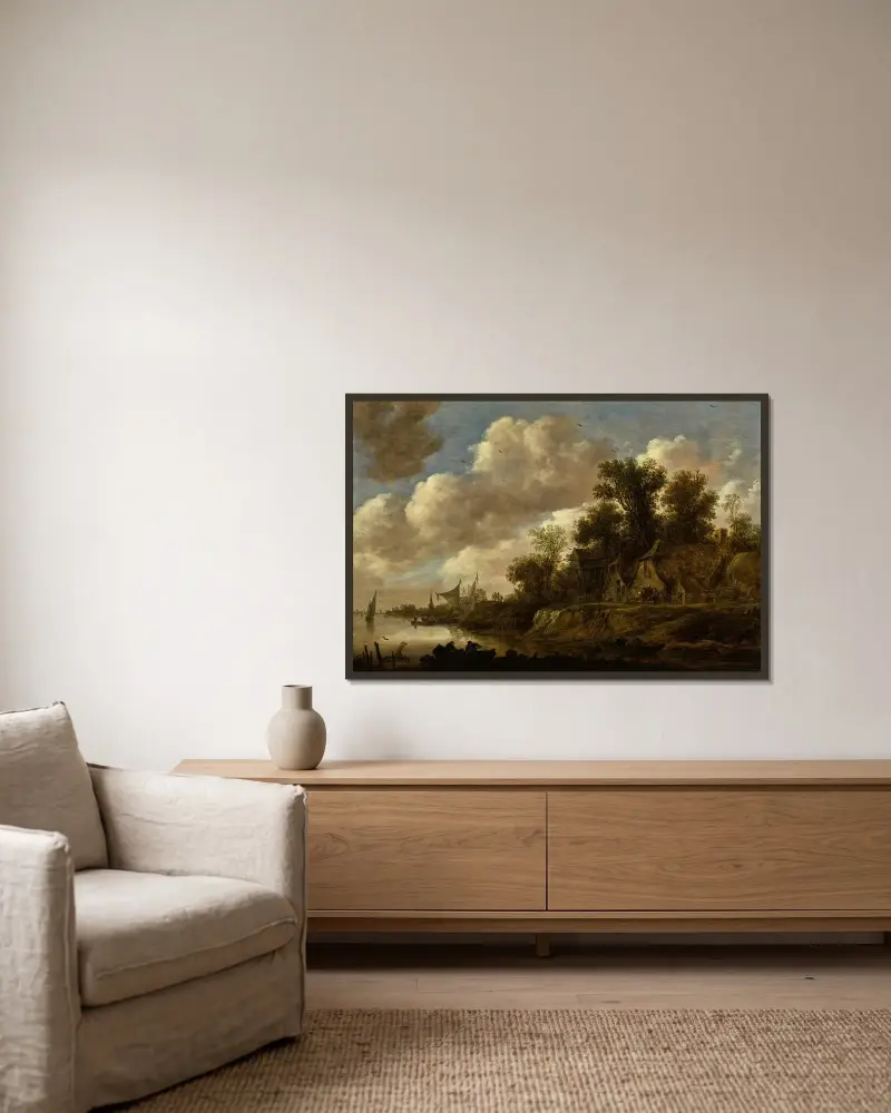 Flodlandskap med bondgårdar och ett duvslag på en hög strandkant av Jan van Goyen inramad på en vägg