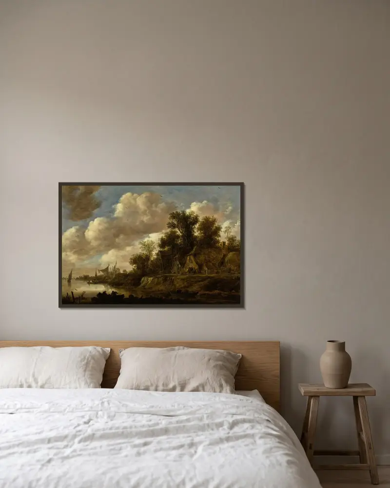 Flodlandskap med bondgårdar och ett duvslag på en hög strandkant av Jan van Goyen inramad på en vägg