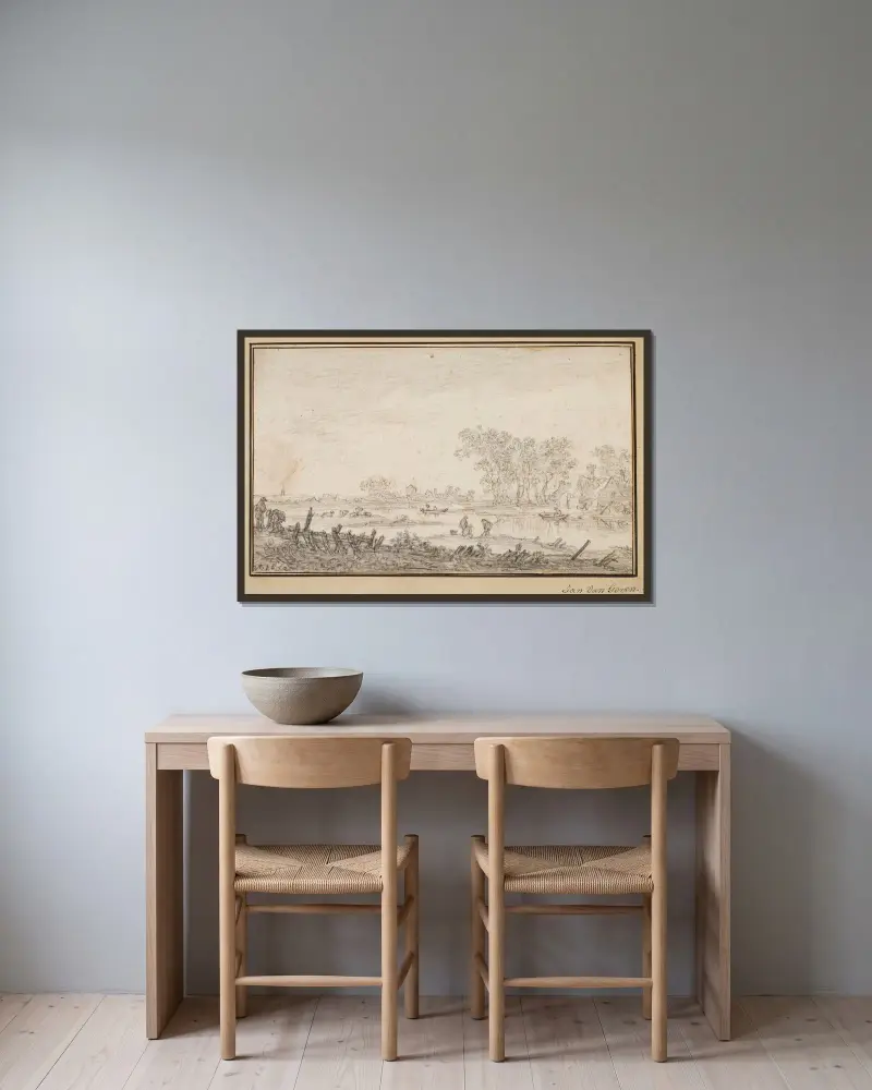 Flodlandskap med fiskare av Jan van Goyen inramad på en vägg